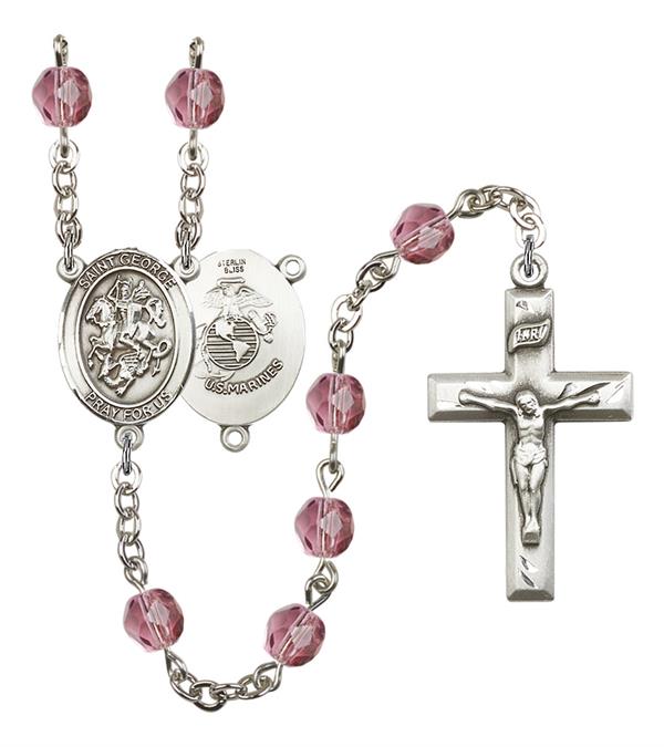 St. George U.S. Marines Rosary, 6mm Fire Polished Amethyst Beads, Silver Plate, # 15106