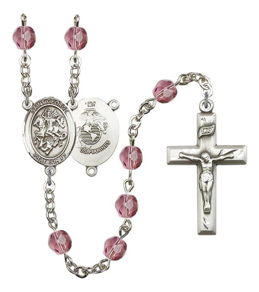 St. George U.S. Marines Rosary, 6mm Fire Polished Amethyst Beads, Silver Plate, # 15106