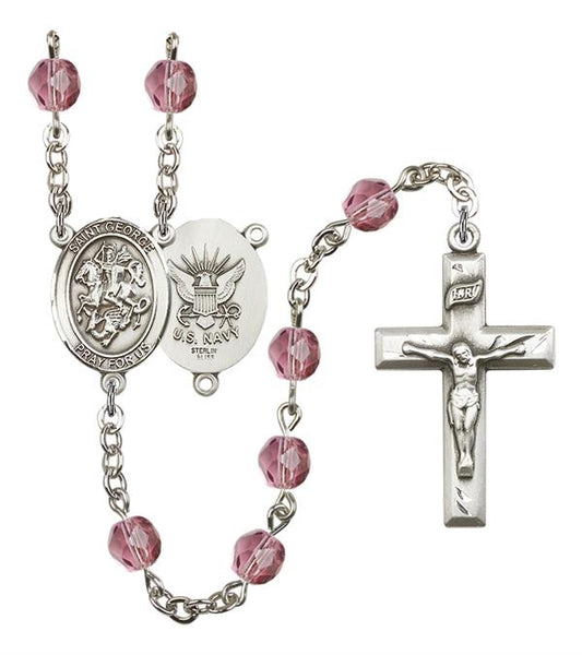 St. George U.S. Navy Rosary, 6mm Fire Polished Amethyst Beads, Silver Plate, # 15108