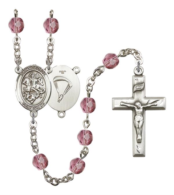 St. George Paratrooper Skydiver Rosary, 6mm Fire Polished Amethyst Beads, Silver Plate, # 15109