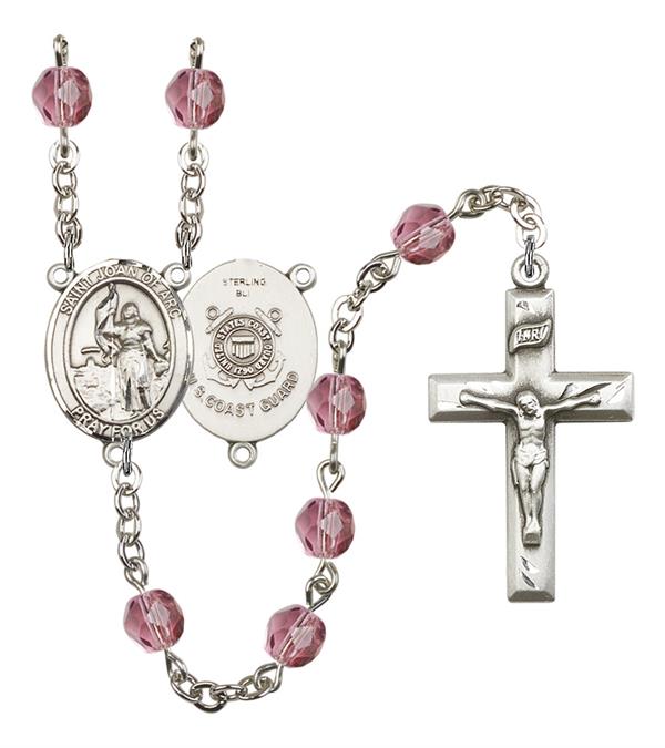 St. Joan of Arc U.S. Coast Guard Rosary, 6mm Fire Polished Amethyst Beads, Silver Plate, # 15122