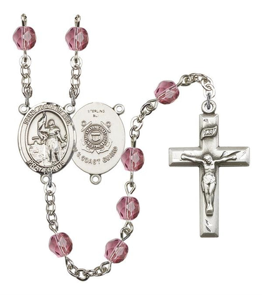 St. Joan of Arc U.S. Coast Guard Rosary, 6mm Fire Polished Amethyst Beads, Silver Plate, # 15122