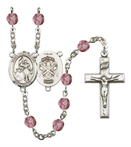 St. Joan of Arc National Guard Rosary, 6mm Fire Polished Amethyst Beads, Silver Plate, # 15123