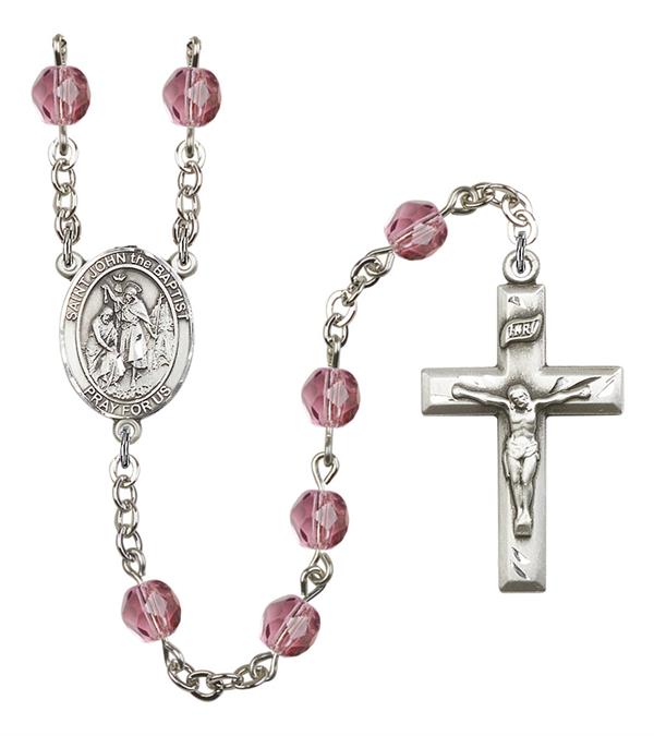 St. John the Baptist Rosary, 6mm Fire Polished Amethyst Beads, Silver Plate, # 15124