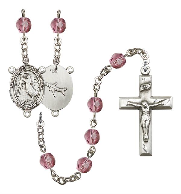 St. Joseph of Cupertino Pilot's Rosary, 6mm Fire Polished Amethyst Beads, Silver Plate, # 15127