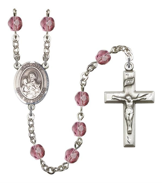 San Jose Rosary, 6mm Fire Polished Amethyst Beads, Silver Plate, # 15129