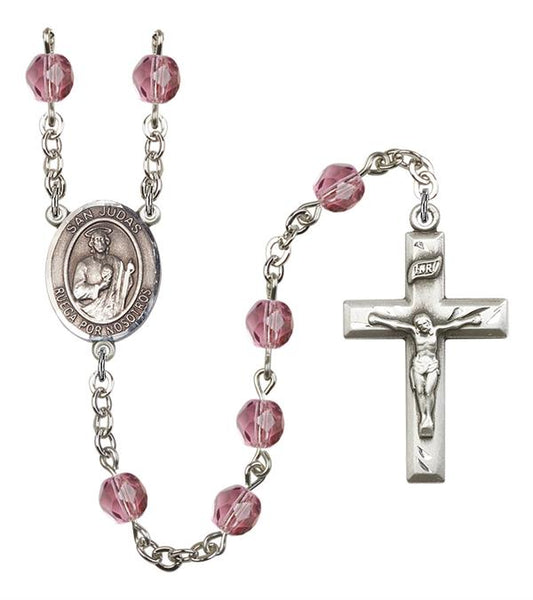 San Judas Spanish Rosary, 6mm Fire Polished Amethyst Beads, Silver Plate, # 15132