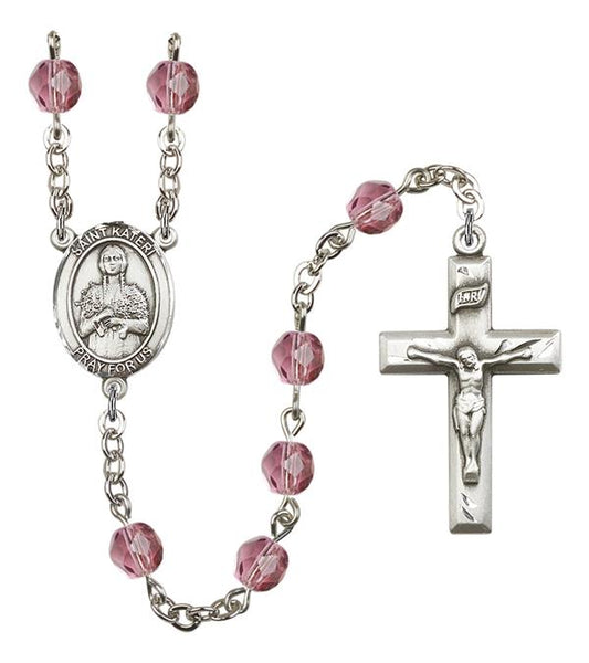 St. Kateri Rosary, 6mm Fire Polished Amethyst Beads, Silver Plate, # 15140