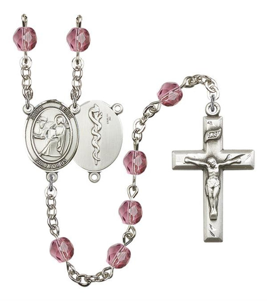 St. Luke Doctor's Rosary, 6mm Fire Polished Amethyst Beads, Silver Plate, # 15159