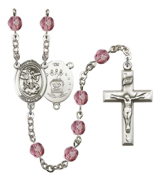 St. Michael U.S. Air Force Rosary, 6mm Fire Polished Amethyst Beads, Silver Plate, # 15183