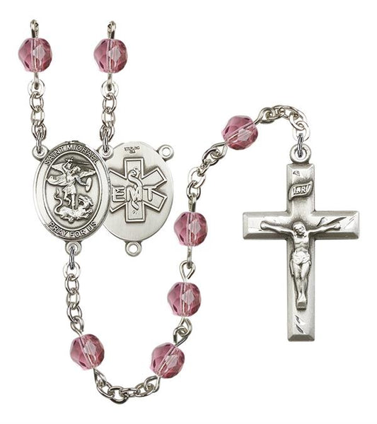 St. Michael EMT Rosary, 6mm Fire Polished Amethyst Beads, Silver Plate, # 15184