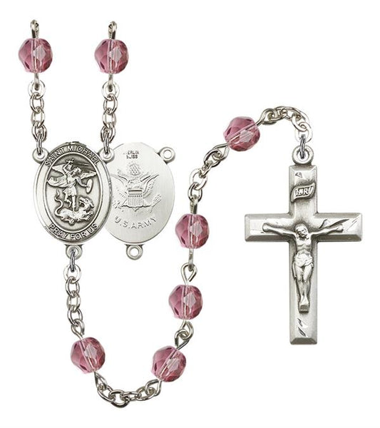 St. Michael U.S. Army Rosary, 6mm Fire Polished Amethyst Beads, Silver Plate, # 15185