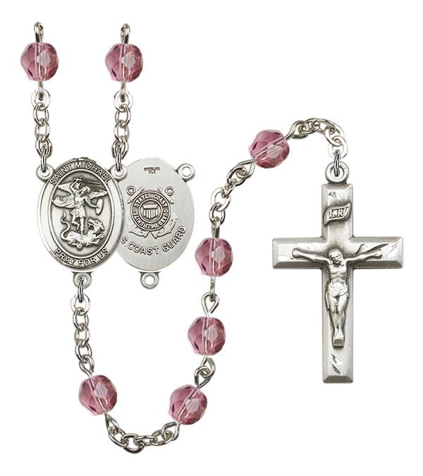 St. Michael U.S. Coast Guard Rosary, 6mm Fire Polished Amethyst Beads, Silver Plate, # 15186