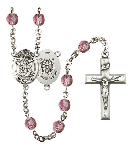 St. Michael U.S. Coast Guard Rosary, 6mm Fire Polished Amethyst Beads, Silver Plate, # 15186