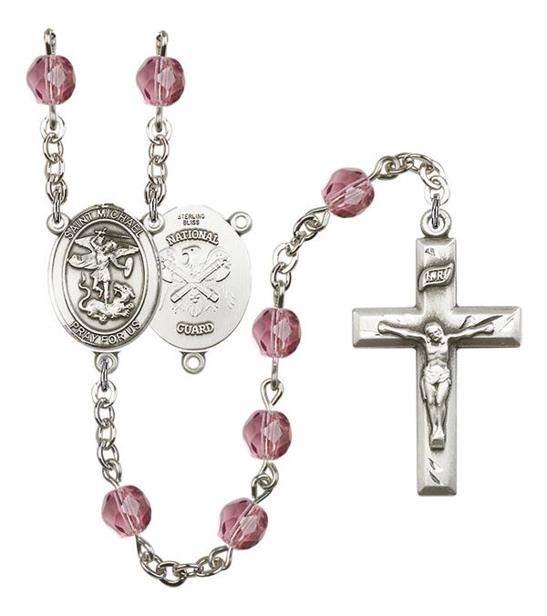 St. Michael National Guard Rosary, 6mm Fire Polished Amethyst Beads, Silver Plate, # 15188