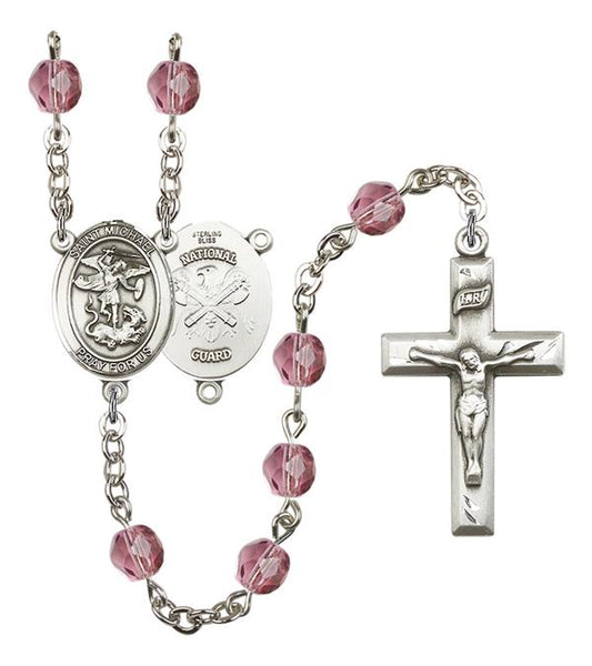 St. Michael National Guard Rosary, 6mm Fire Polished Amethyst Beads, Silver Plate, # 15188