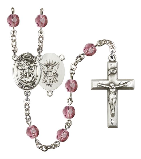 St. Michael U.S. Navy Rosary, 6mm Fire Polished Amethyst Beads, Silver Plate, # 15189