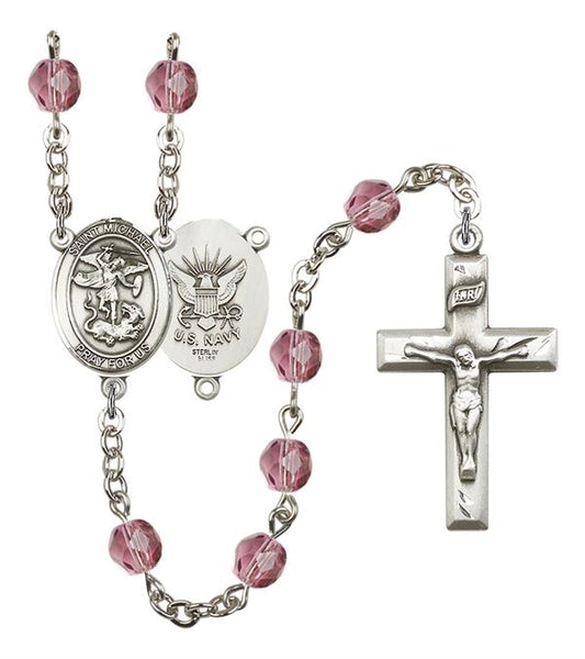 St. Michael U.S. Navy Rosary, 6mm Fire Polished Amethyst Beads, Silver Plate, # 15189