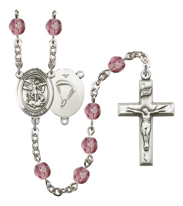 St. Michael Paratrooper Skydiver Rosary, 6mm Fire Polished Amethyst Beads, Silver Plate, # 15190