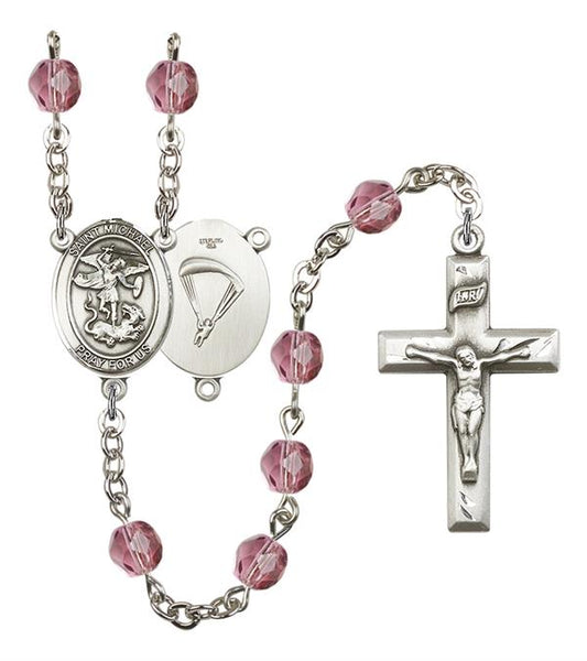 St. Michael Paratrooper Skydiver Rosary, 6mm Fire Polished Amethyst Beads, Silver Plate, # 15190