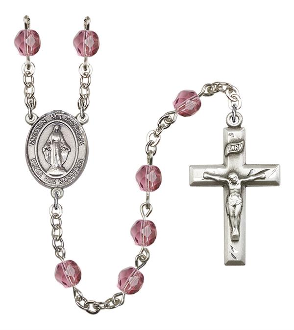 Virgen Milagosa Spanish Rosary, 6mm Fire Polished Amethyst Beads, Silver Plate, # 15194
