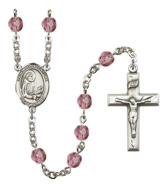 St. Bonaventure Rosary, 6mm Fire Polished Amethyst Beads, Silver Plate, # 15201