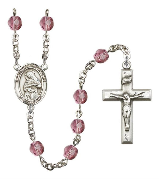 Our Lady of Providence Rosary, 6mm Fire Polished Amethyst Beads, Silver Plate, # 15203