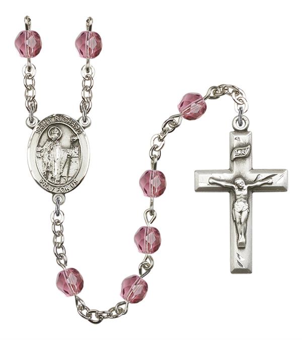 St. Richard Rosary, 6mm Fire Polished Amethyst Beads, Silver Plate, # 15212