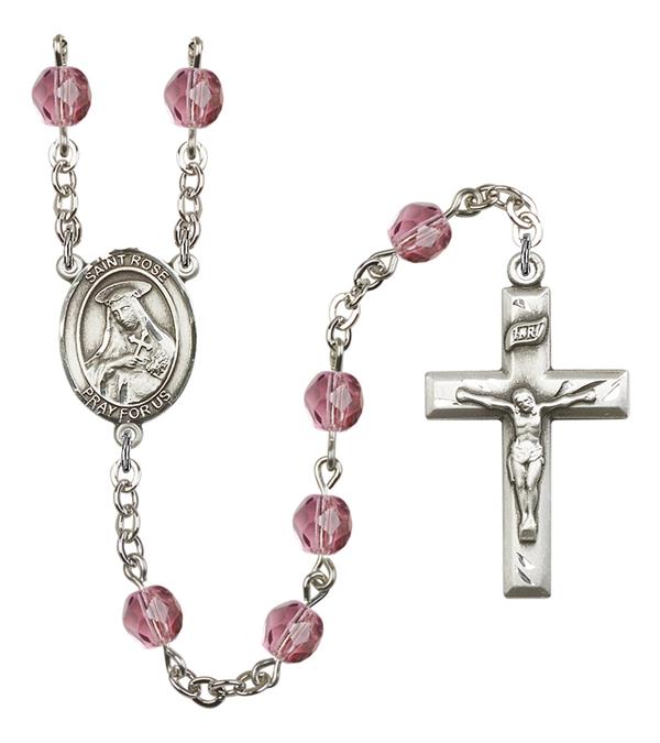 St. Rose Rosary, 6mm Fire Polished Amethyst Beads, Silver Plate, # 15214