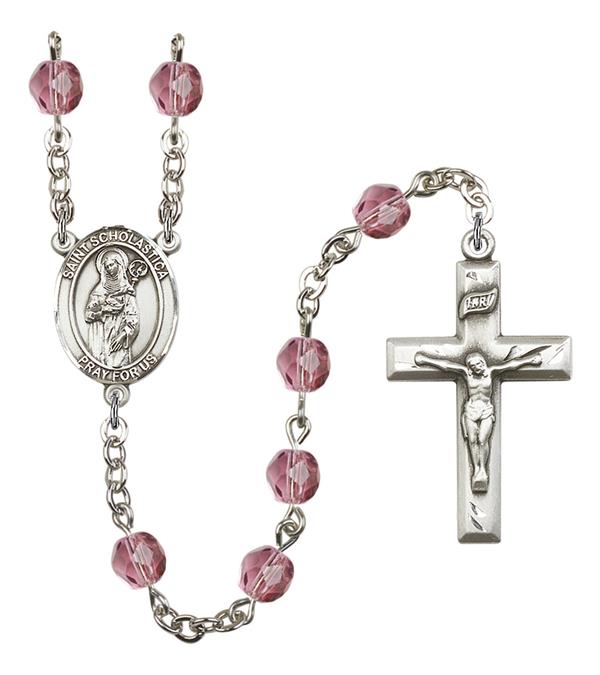 St. Scholastica Rosary, 6mm Fire Polished Amethyst Beads, Silver Plate, # 15218