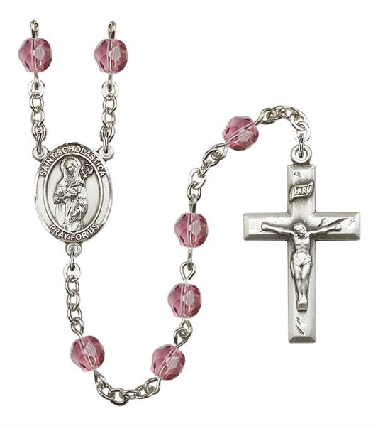 St. Scholastica Rosary, 6mm Fire Polished Amethyst Beads, Silver Plate, # 15218