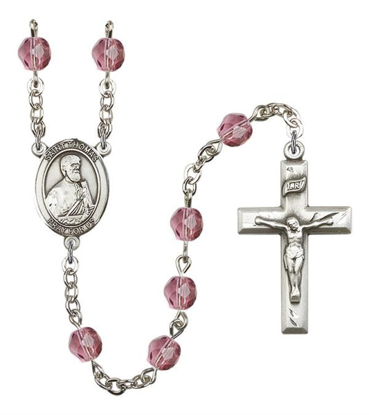 St. Thomas the Apostle Rosary, 6mm Fire Polished Amethyst Beads, Silver Plate, # 15227