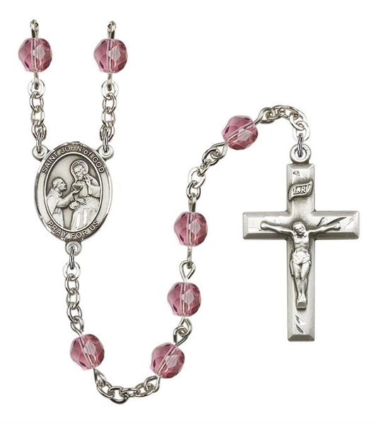 St. John of God Rosary, 6mm Fire Polished Amethyst Beads, Silver Plate, # 15232
