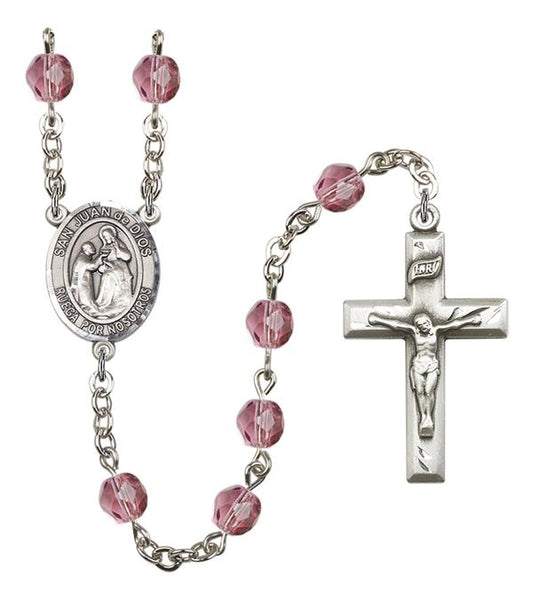San Juan de Dios Spanish Rosary, 6mm Fire Polished Amethyst Beads, Silver Plate, # 15233