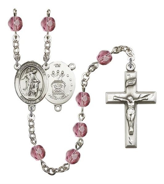Guardian Angel U.S. Air Force Rosary, 6mm Fire Polished Amethyst Beads, Silver Plate, # 15240