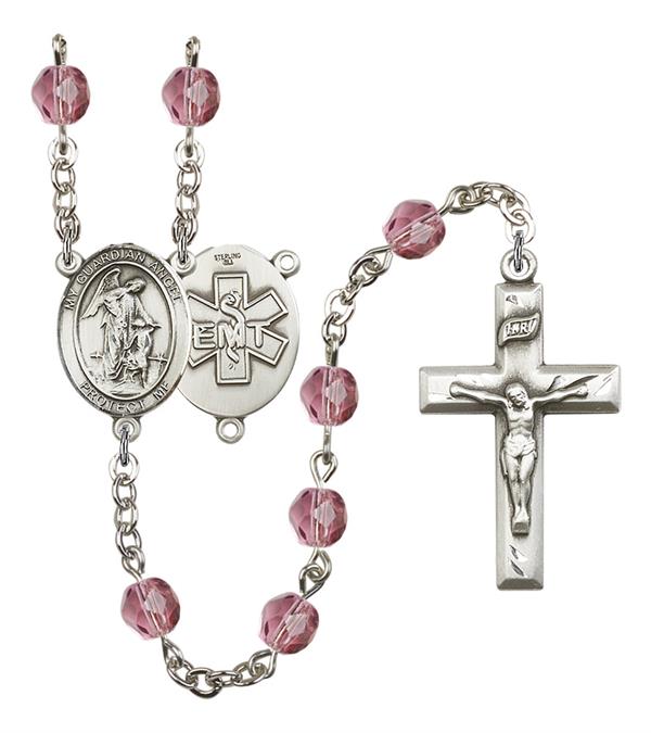 Guardian Angel EMT Rosary, 6mm Fire Polished Amethyst Beads, Silver Plate, # 15241