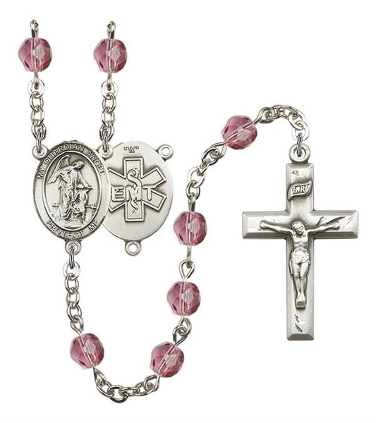 Guardian Angel EMT Rosary, 6mm Fire Polished Amethyst Beads, Silver Plate, # 15241