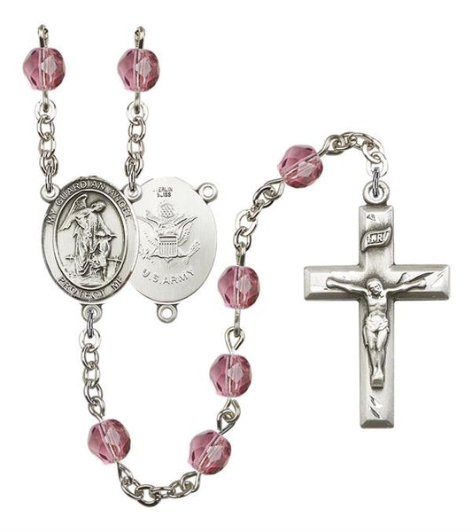 Guardian Angel U.S. Army Rosary, 6mm Fire Polished Amethyst Beads, Silver Plate, # 15242