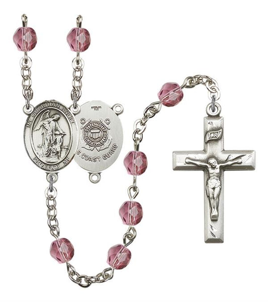 Guardian Angel U.S. Coast Guard Rosary, 6mm Fire Polished Amethyst Beads, Silver Plate, # 15243