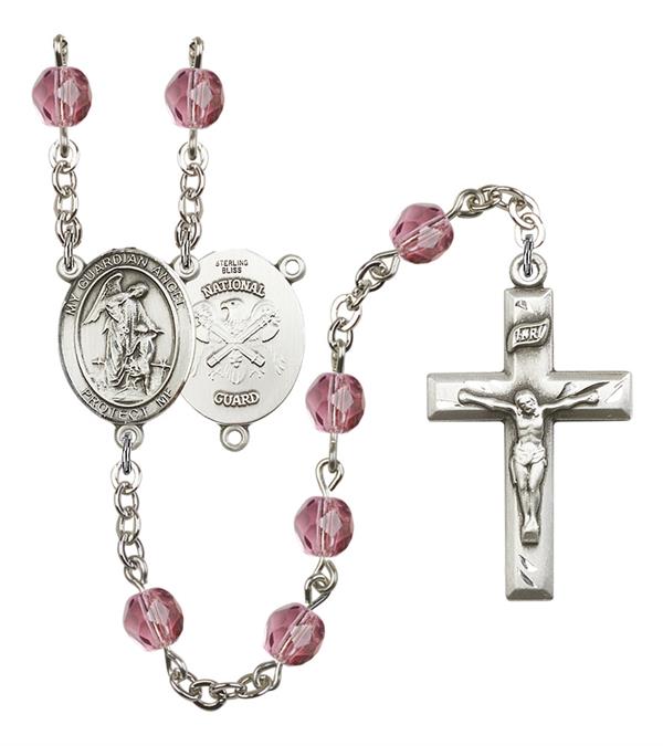 Guardian Angel National Guard Rosary, 6mm Fire Polished Amethyst Beads, Silver Plate, # 15245
