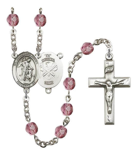 Guardian Angel National Guard Rosary, 6mm Fire Polished Amethyst Beads, Silver Plate, # 15245