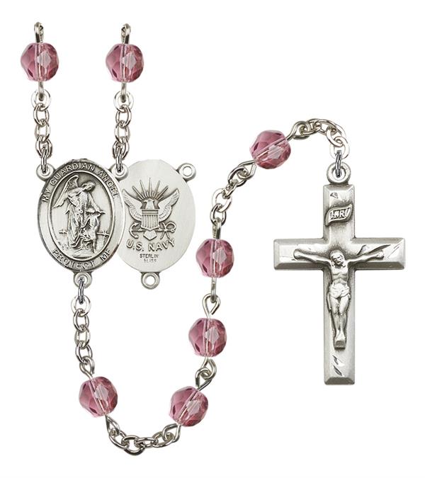 Guardian Angel U.S. Navy Rosary, 6mm Fire Polished Amethyst Beads, Silver Plate, # 15246