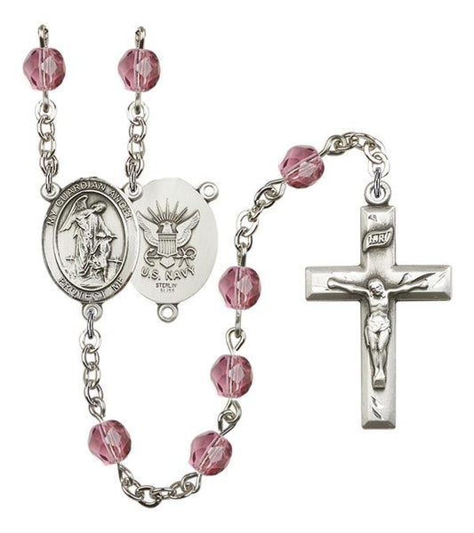 Guardian Angel U.S. Navy Rosary, 6mm Fire Polished Amethyst Beads, Silver Plate, # 15246