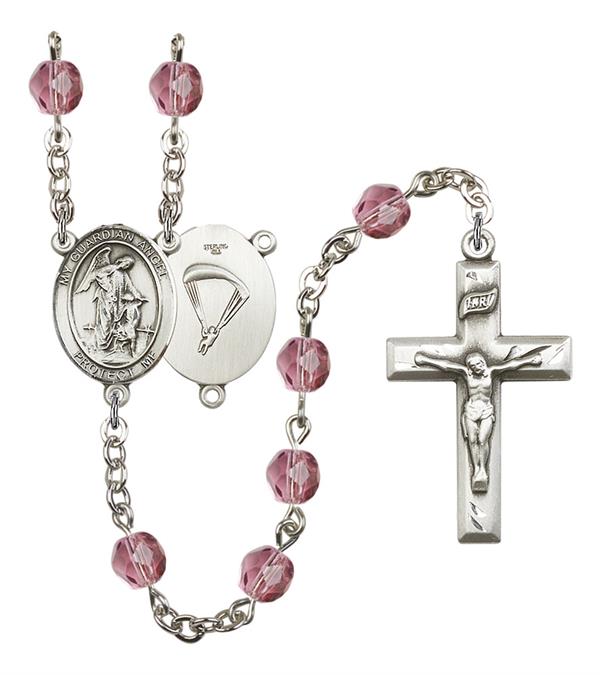 Guardian Angel Paratrooper Skydiver Rosary, 6mm Fire Polished Amethyst Beads, Silver Plate, # 15247