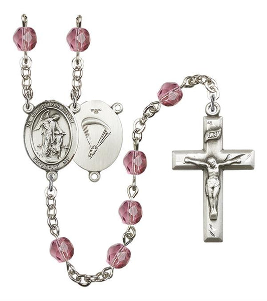 Guardian Angel Paratrooper Skydiver Rosary, 6mm Fire Polished Amethyst Beads, Silver Plate, # 15247