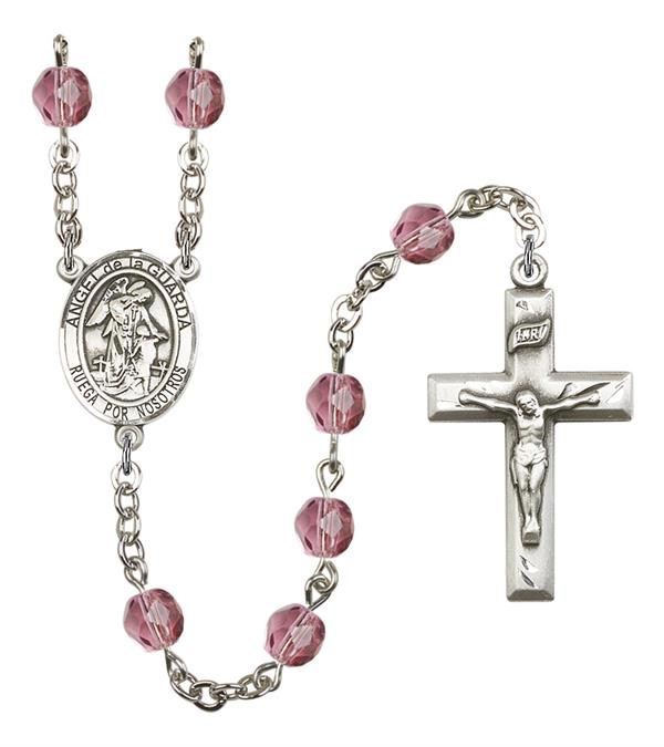 Angel de la Guarda Spanish Rosary, 6mm Fire Polished Amethyst Beads, Silver Plate, # 15248