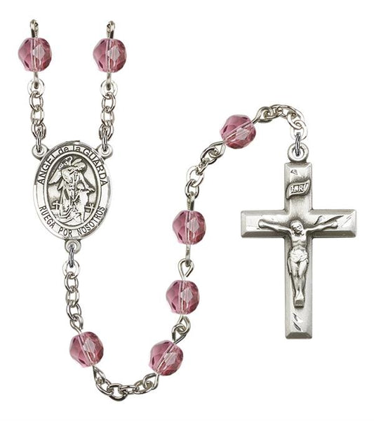 Angel de la Guarda Spanish Rosary, 6mm Fire Polished Amethyst Beads, Silver Plate, # 15248