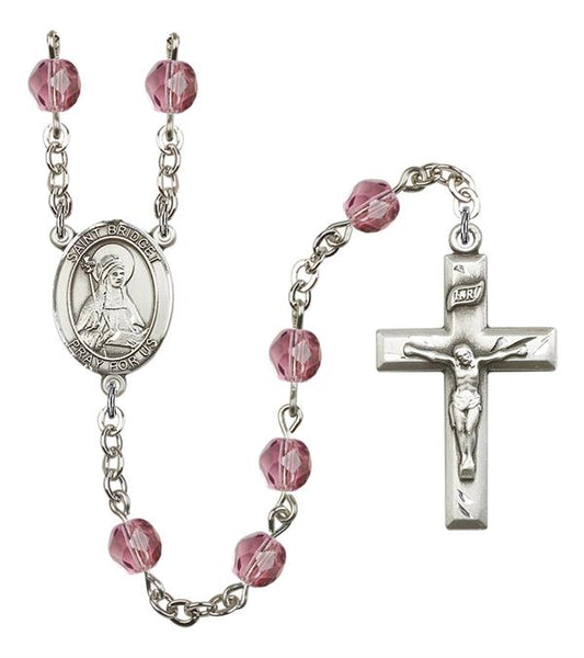 St. Bridget Rosary, 6mm Fire Polished Amethyst Beads, Silver Plate, # 15252