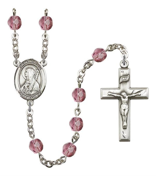 St. Brigid Rosary, 6mm Fire Polished Amethyst Beads, Silver Plate, # 15254