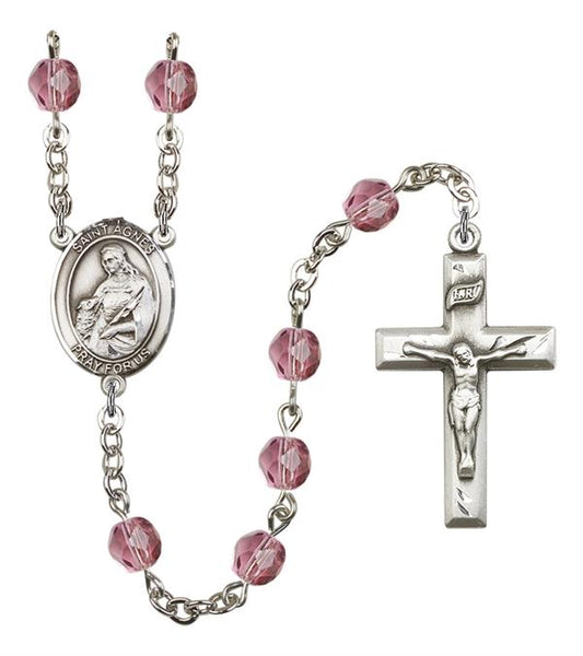 St. Agnes Rosary, 6mm Fire Polished Amethyst Beads, Silver Plate, # 15259